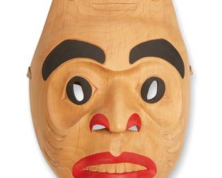 166
Stan Greene
b. 1953, Coast Salish
Northwest Coast Mask, 1984
Painted carved wood
Signed and dated verso: Stan Green / 84
11.5" H x 8.5" W x 5" D
Estimate: $200 - $400