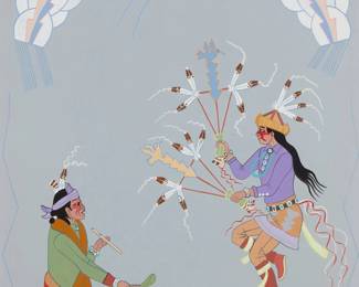 83
Harrison (Haskay Yahne Yah) Begay
1917-2012, Navajo/Diné
Feather Dance Of The Mountain-Way Ceremony
Gouache on board
Signed lower left and right: Haskay Yahne Yah / Harrison Begay
Sight: 20" H x 16" W
Estimate: $600 - $800