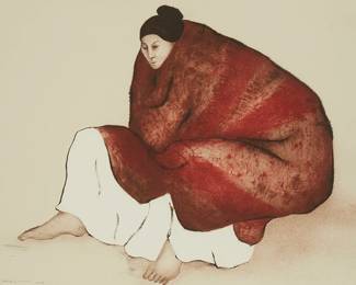 253
R.C. Gorman
1932-2005, Navajo/Diné
"Yvonne," State II, 1979
Lithograph in colors on paper
Edition: 71/100
Signed, numbered, and dated in pencil along the lower edge: R.C. Gorman; Ben Q. Adams, prntr.; Western Graphics Workshop, Albuquerque, NM, pub; with the artist's, printer, and publisher blindstamps at the lower edge
Image/Sheet: 21.5" H x 29.25" W
Estimate: $600 - $800