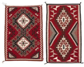 225
Two Navajo Ganado Weavings
Mid-20th century, Diné
Each woven in red, cream, black, chocolate brown, and grey wool, one with conjoined diamond and floating stepped motifs within a railroad border at two ends, and a intricate double diamond motif with stepped borders at two ends
2 pieces
First described: 25.75" H x 44.5" W; Second: 28.25" H x 42" W
Estimate: $400 - $600