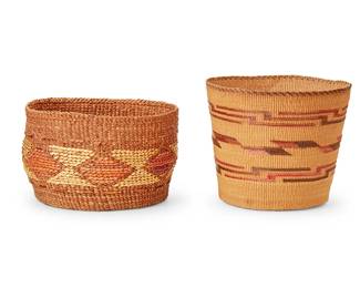 146
Two Northwest Coast Baskets
Early 20th century
Comprising a Tlingit basket with imbricated red and brown banded geometric motifs and Northwest Coast basket with imbricated yellow and orange stacked diamond motifs
2 pieces
Taller: 4.75" H x 5.75" Dia.; Shorter: 3.75" H x 6" Dia.
Estimate: $300 - $500