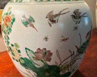 Chinese Famille Verte vase with bird & tree  10.75"h x 8.5" diameter