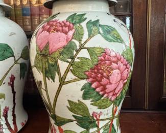 Pr. Famille Rose bird and peony jars                                     17"h x 10" diameter  lid chipped and repaired 