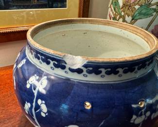 Pr. Chinese blue & white jars 9" h x 9" diameter -                        Missing knobs and handles - chipped