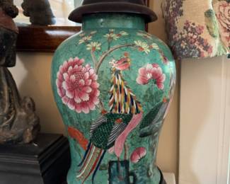 Pr. Chinese vases with wooden lids 19.5" including stand x 9" diameter