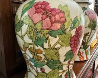 Pr. Famille Rose bird and peony jars                                     17"h x 10" diameter  lid chipped and repaired 