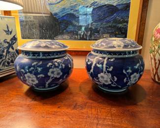 Pr. Chinese blue & white jars 9" h x 9" diameter -                        Missing knobs and handles - chipped
