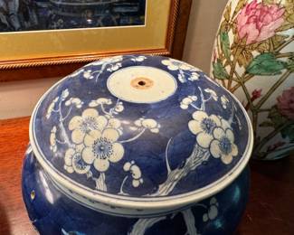 Pr. Chinese blue & white jars 9" h x 9" diameter -                        Missing knobs and handles - chipped