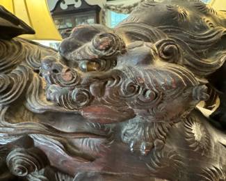 Monumental Chinese carved wood foo lion                               17"h x 44" long