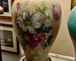 Vintage porcelain floral lamp                                                 18.75" h  overall h 35"h 