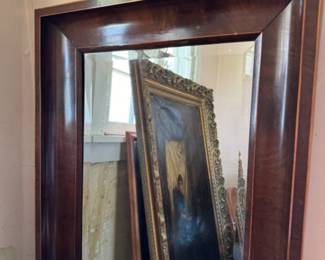 Antique mahogany mirror with satinwood line inlay 59.5"h x 28.75"w x 3.25"d 