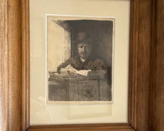 Rembrandt self-portrait etching                                          image size 6.75" x 5.5"    frame size 14.5" x 12.5"