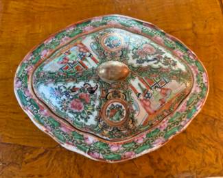 Rose Medallion covered dish    3"h x 10" x 8.5"
