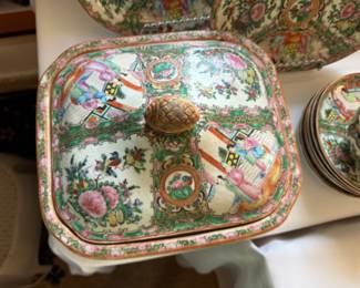 Rose Medallion covered dish     4"h x 9.5" x 8"