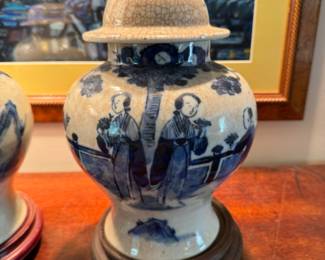 Pr. Chinese blue & white jars     12" including stands                   some repairs 