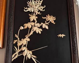 Japanese Shibayama panel with carved bone flowers                                         26.5"h x 18.5"w 