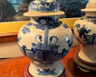 Pr. Chinese blue & white jars     12" including stands                   some repairs 