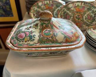 Rose Medallion covered dish     4"h x 9.5" x 8"