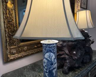 Chinese blue & white lamp base 13"h  overall 25.5" h 