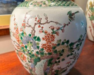Chinese Famille Verte vase with bird & tree  10.75"h x 8.5" diameter