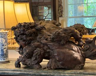 Monumental Chinese carved wood foo lion                               17"h x 44" long