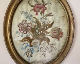 Framed antique silk embroidery       17.5"h x 14"w 