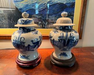 Pr. Chinese blue & white jars     12" including stands                   some repairs 
