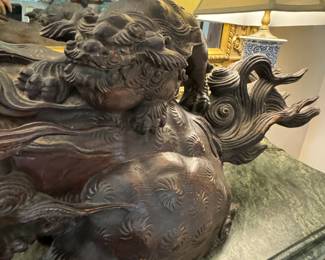 Monumental Chinese carved wood foo lion                               17"h x 44" long