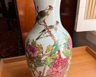 Famille Rose vase with birds and peony                      17.75"h x 8" diameter