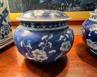 Pr. Chinese blue & white jars 9" h x 9" diameter -                        Missing knobs and handles - chipped