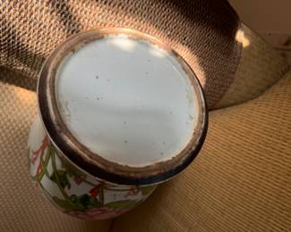 Pr. Famille Rose bird and peony jars                                     17"h x 10" diameter  lid chipped and repaired 