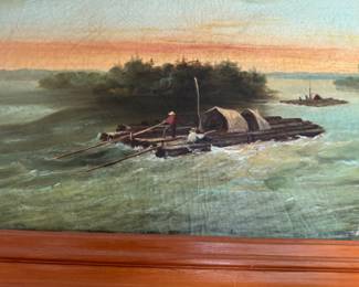 River scene oil painting   frame size 25"h x 30"w 