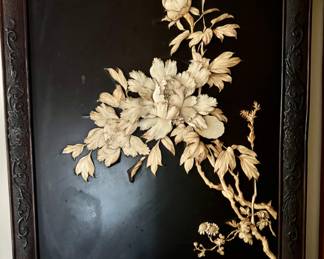 Japanese panel with carved bone flowers                                         26.5"h x 18.5"w 