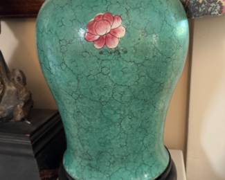 Pr. Chinese vases with wooden lids 19.5" including stand x 9" diameter