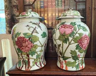 Pr. Famille Rose bird and peony jars                                     17"h x 10" diameter  lid chipped and repaired 