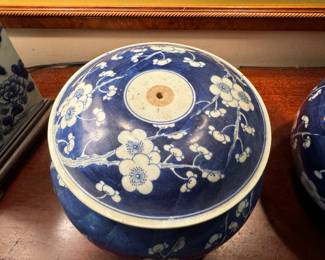 Pr. Chinese blue & white jars 9" h x 9" diameter -                        Missing knobs and handles - chipped