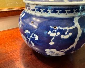 Pr. Chinese blue & white jars 9" h x 9" diameter -                        Missing knobs and handles - chipped