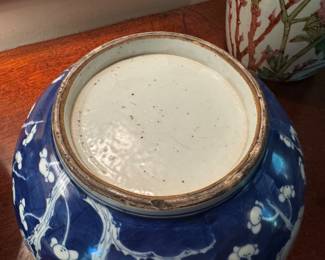 Pr. Chinese blue & white jars 9" h x 9" diameter -                        Missing knobs and handles - chipped