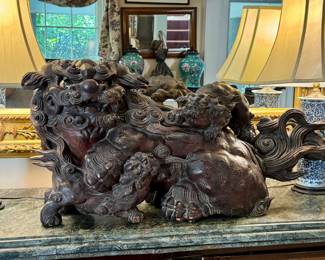 Monumental Chinese carved wood foo lion                               17"h x 44" long