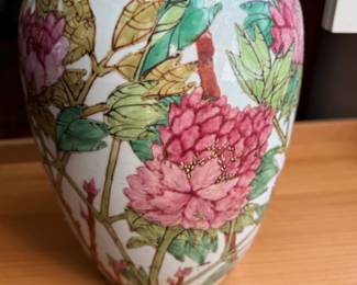 Famille Rose vase with birds and peony                      17.75"h x 8" diameter