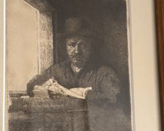 Rembrandt self-portrait etching                                          image size 6.75" x 5.5"    frame size 14.5" x 12.5"
