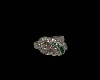 One of a Kind 1.1 Carat Center Diamond and Emerald Ring