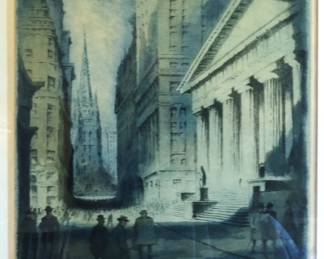William Anderson Sherwood (1875-1951) etching of Wall Street with aquatint on paper signed