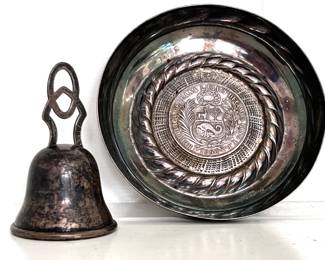Sterling Silver Bell and Antique 1890 Sterling Coin Tray