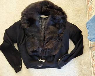 Beautiful vintage fur collar sweater with rhinestone buttons on the cuffs