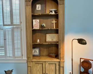 Slate finished oak bookcase display cabinet with double plate rails