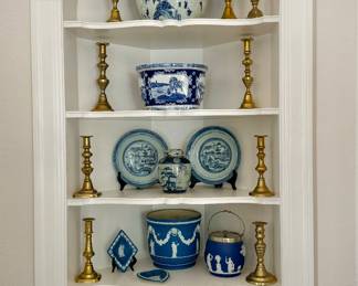 Chinese blue and white, Wedgwood porcelain and 19th c. continental lacquered brass candlesticks 