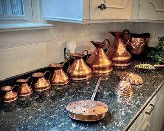 Lacquered copper English Haystack measure pitchers