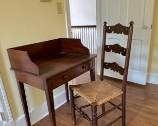 19th c. English dressing table and oak ladder back rush seat chair