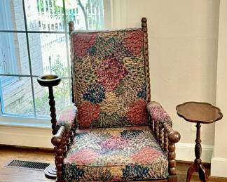 19th c. English oak spool library chair, tripod tea table and barley twist smoking stand